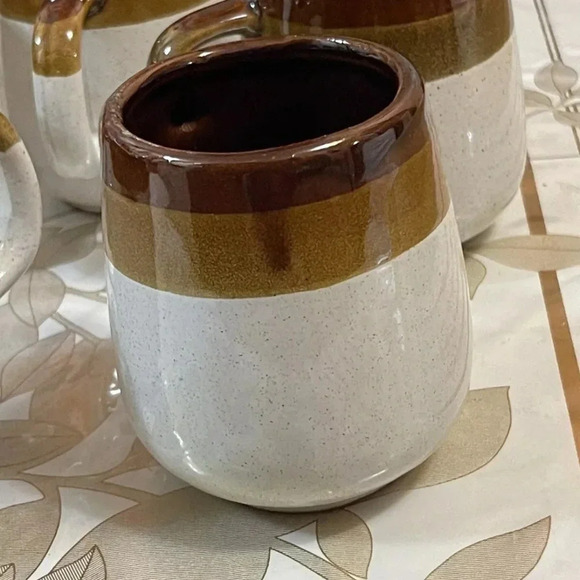 VINTAGE Set Of 5  Old Clay Pottery Mugs/ Cups Glazed Beige Brown Handmade Taiwan - Picture 5 of 7